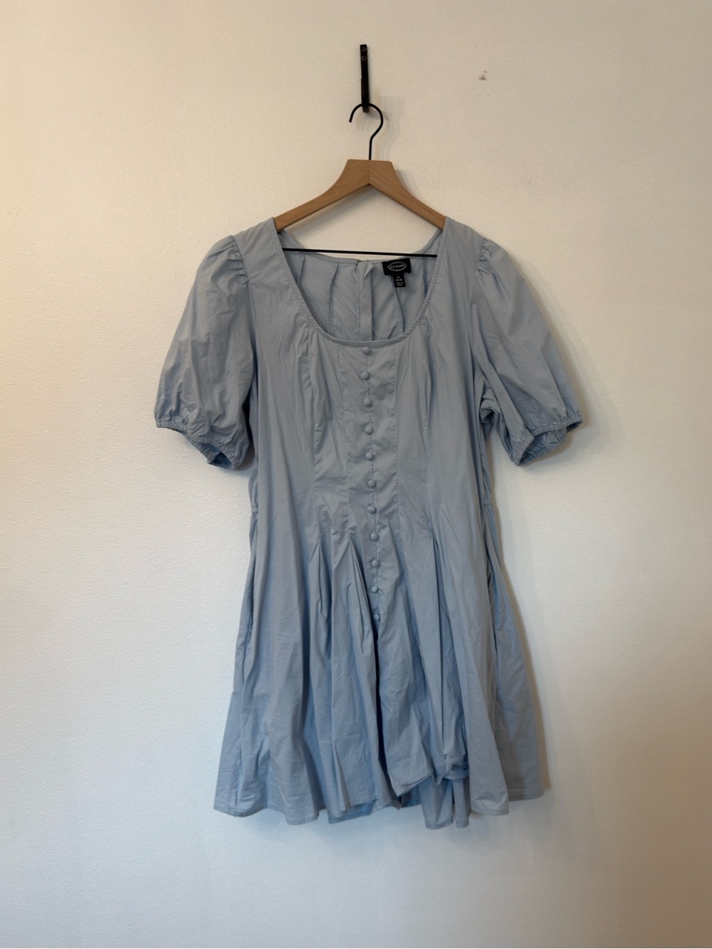 Pale Blue Puff-Sleeve Mini Dress with Front Buttons